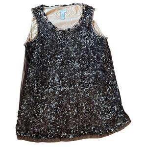 Chicos Tank Top Size 2 M Sequin Mesh Leopard Trim Sheer‎ Sleeveless Women Glam